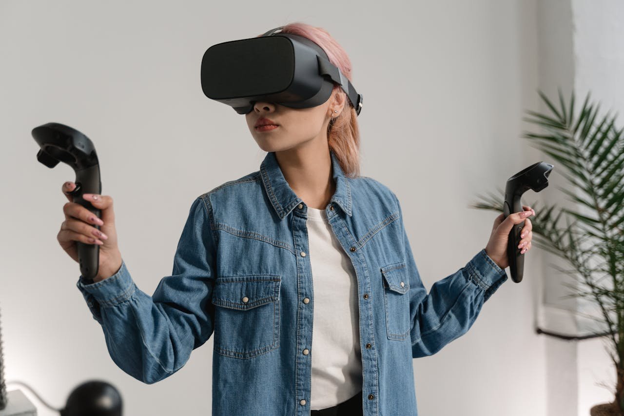 Woman enjoying immersive virtual reality gaming experience at home.